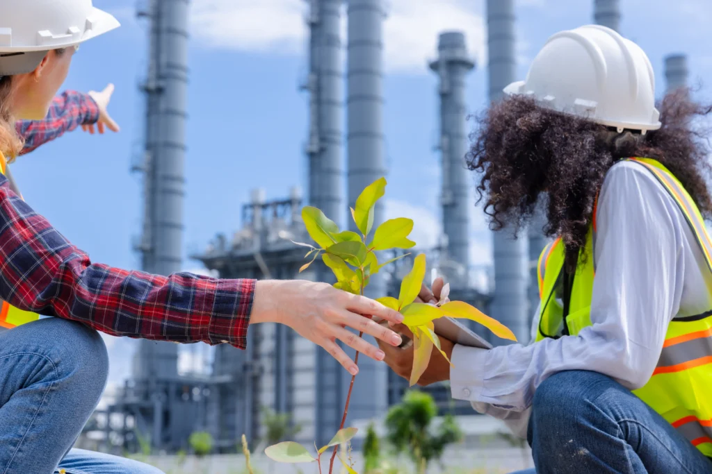 La interacción entre personas en un entorno industrial, entregando una planta, refleja cómo la sostenibilidad industrial se vincula con comprender las medallas y distintivos de EcoVadis.